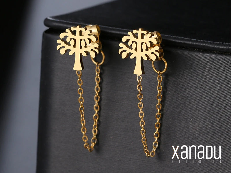 Tree of life earrings with steel chain