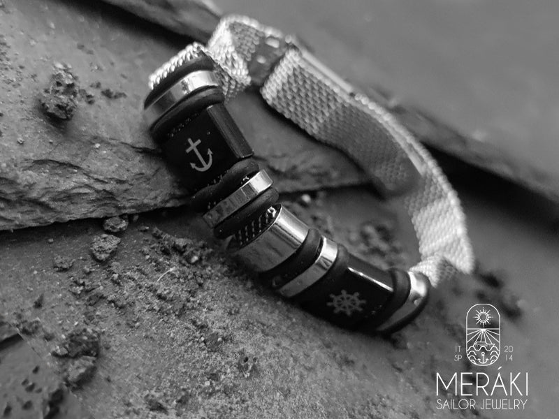 Bracciale maglia mesh in acciaio con ancora e timone