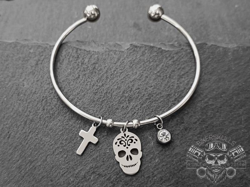 Bracciale Kodama bangle con teschio e croce in acciaio