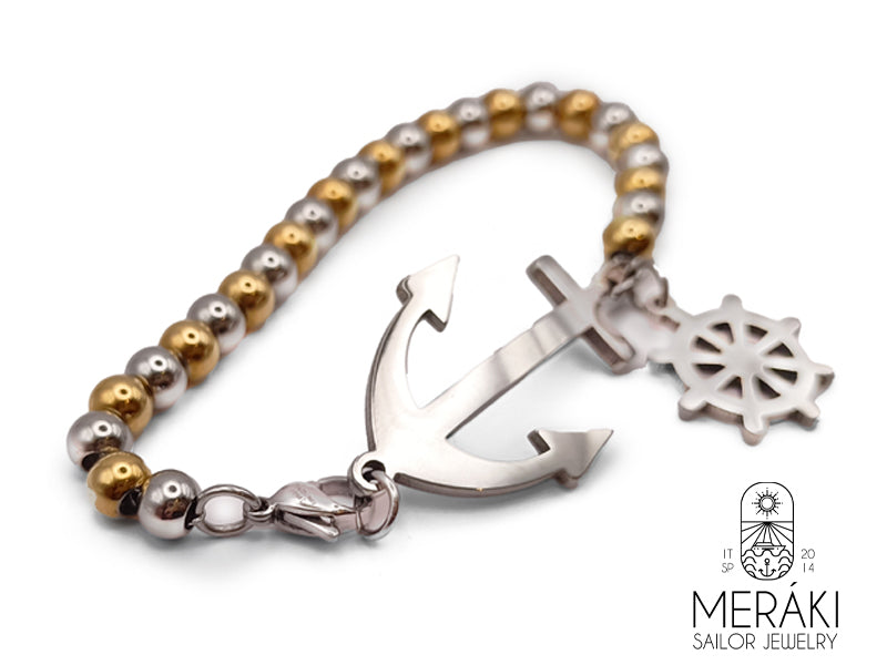 bracciale bicolor in acciaio con ancora e timone centrali