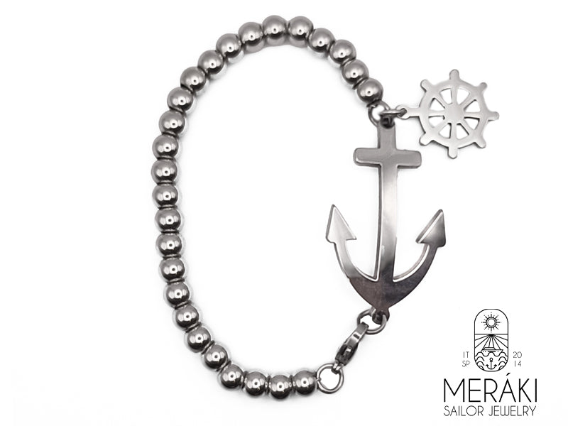 Bracciale DeFlorres in acciaio con ancora e timone argentato