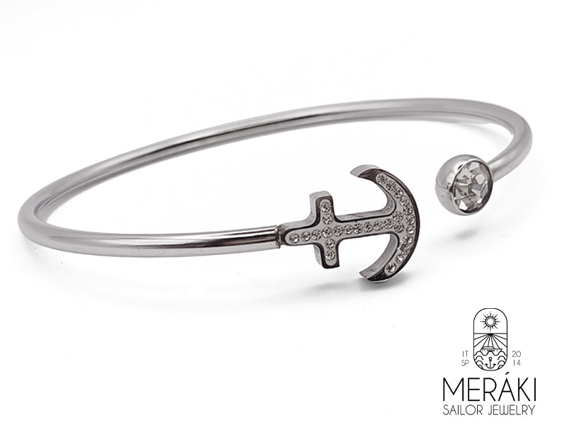 Bracciale Meraki bangle con ancora e punto luce. Realizzato in acciaio inossidabile con zirconi bianchi
