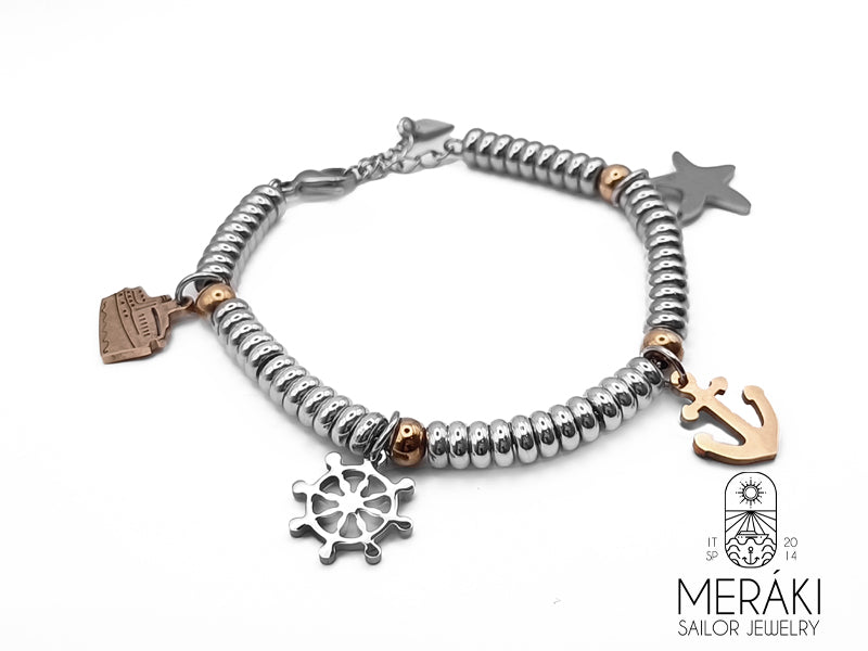 Bracciale in acciaio marinaro con ancora, timone, nave e stella marina