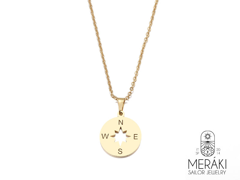 Collana Compass Gold in acciaio con rosa dei venti dorata