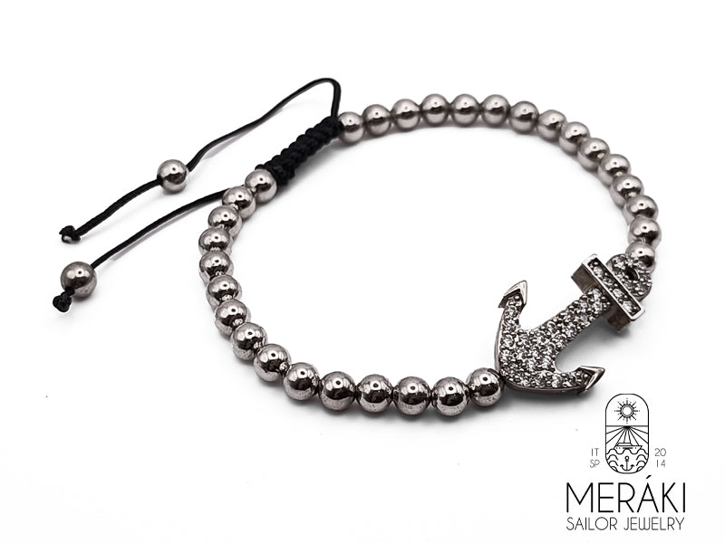 Bracciale Meraki Sailor Jewelry in stile marinaro caratterizzato da ancora centrale in acciaio con zirconi