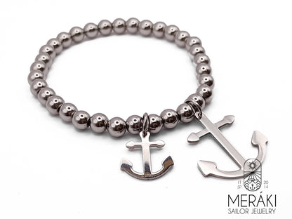 Bracciale elastico con perline e ancora in acciaio inossidabile Meraki Sailor Jewelry