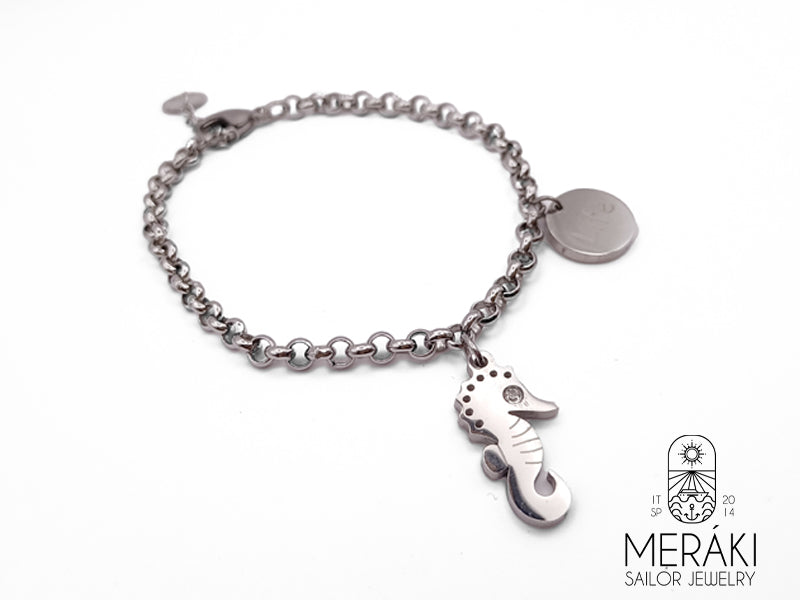 Meraki sailor jewelry bracciale con cavalluccio marino e scritta Life