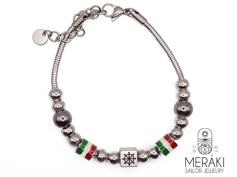 Bracciale Meraki Rackham in acciaio maglia nake con bandiere italiane e charm centrale girevola con incisa un ancora e un timone