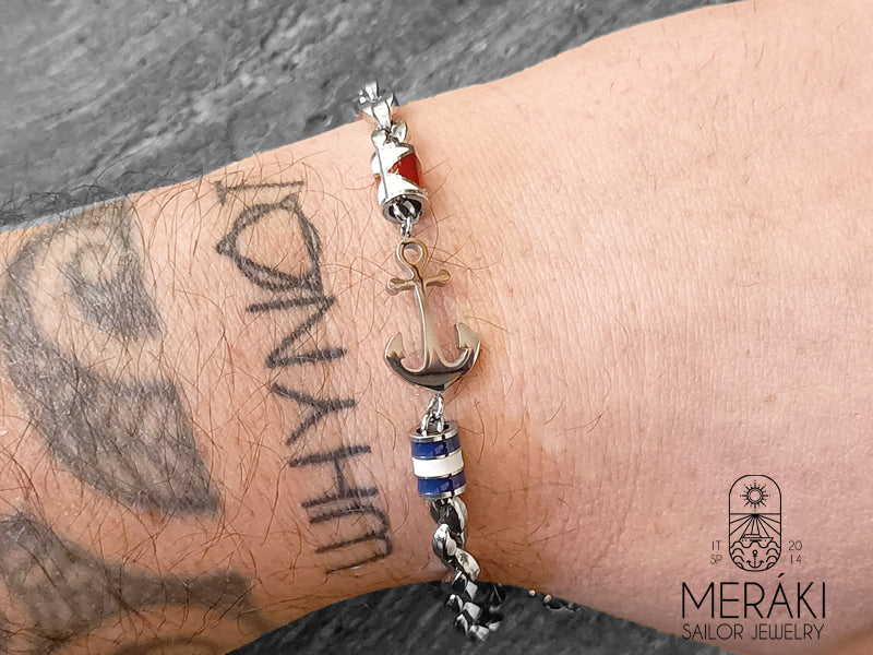 Bracciale Anchor Karl con ancora e bandiere nautiche smaltate in acciaio inossidabile