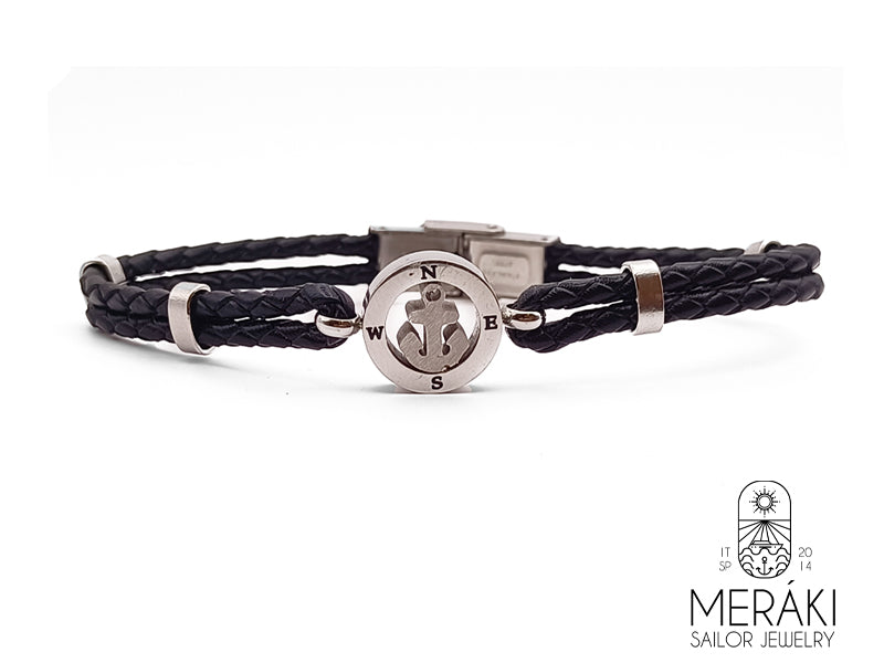 Bracciale Glauco in pelle con ancora argentata e punti cardinali