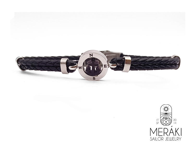 Bracciale Glauco in pelle con ancora nera e punti cardinali