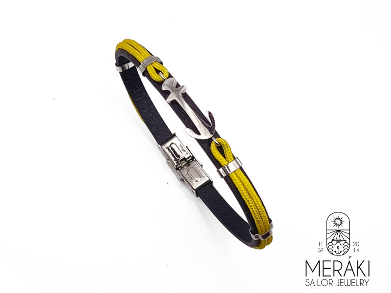 Bracciale William in Pelle e Cordino Nautico con ancora