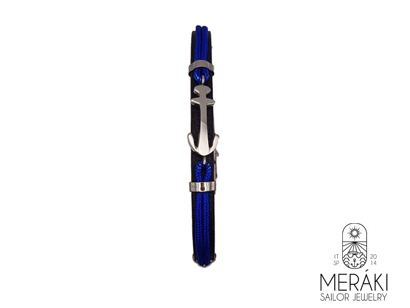 Bracciale pelle e cordino nautico blu elettrico con ancora centrale in acciaio