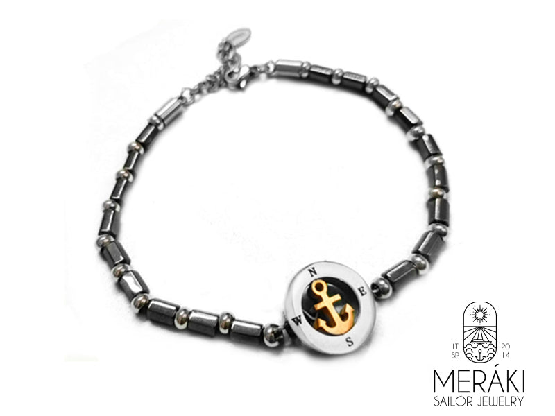 Bracciale Glauco ancora e punti cardinali ematite e acciaio