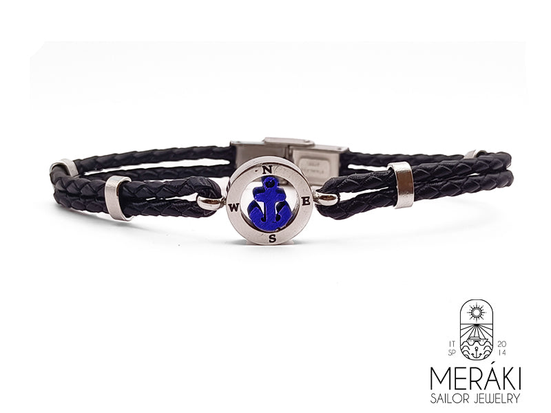 Bracciale Glauco in pelle con ancora blu e punti cardinali