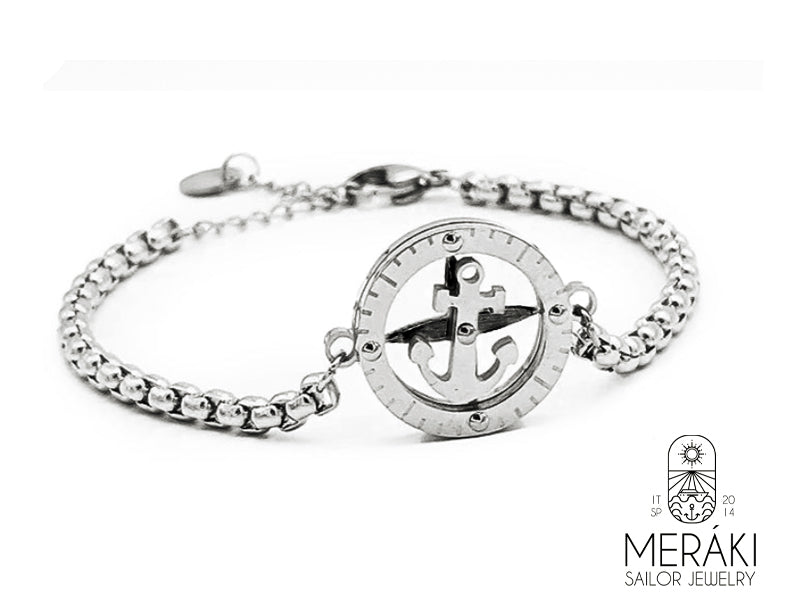 Bracciale Kai black & silver con rosa dei venti e ancora