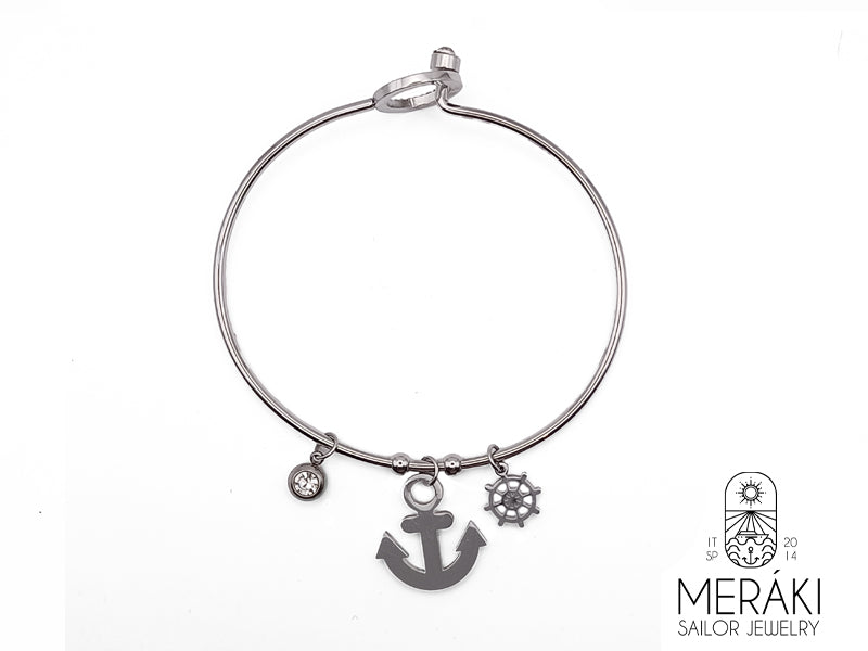 Bracciale bangle ciondoli dal design marinaro, ancora con timone e punto luce in acciaio inossidabile 316L