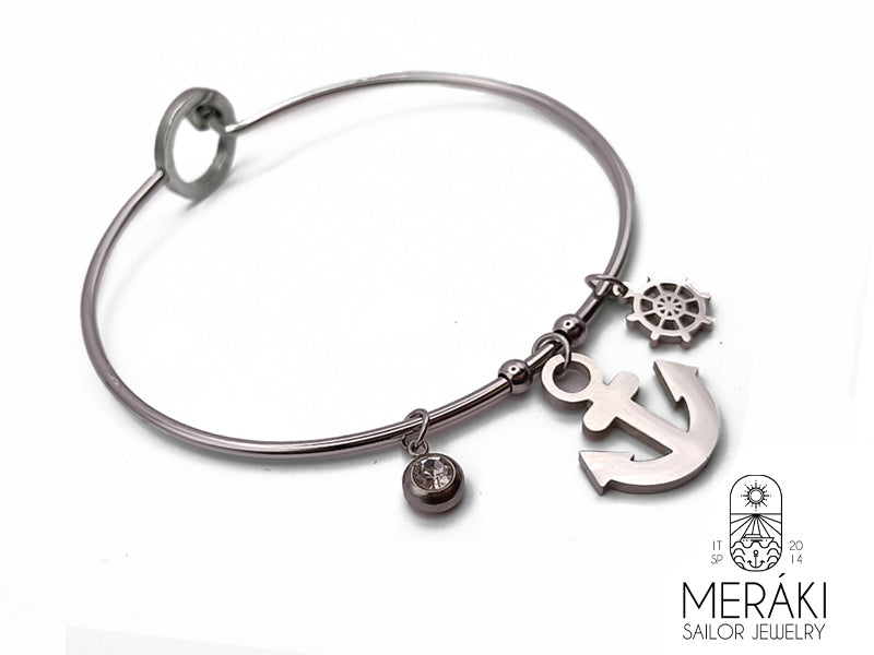 Bracciale Jack Crow bangle rigido con ancora e timone