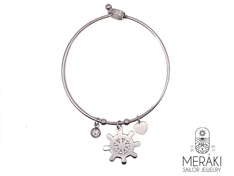 Bracciale bangle ciondoli dal design marinaro con timone e punto luce in acciaio inossidabile 316L