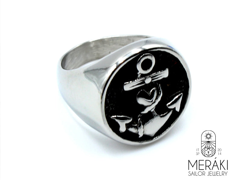 Anello Atabey in acciaio lucido con ancora a contrasto Meraki sailor jewelry by whynotshoplaspezia