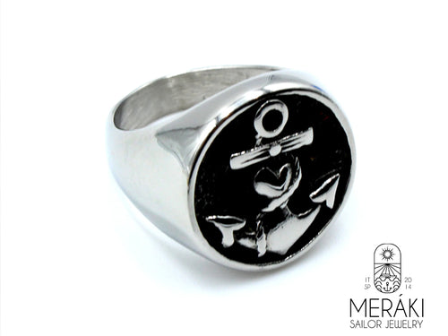 Anello Atabey in acciaio lucido con ancora a contrasto Meraki sailor jewelry by whynotshoplaspezia