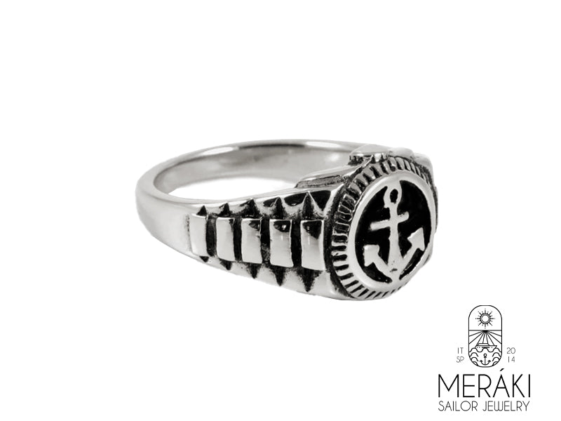 Anello Eldoris chevalier con ancora e intarsi laterali Meraki sailor Jewelry