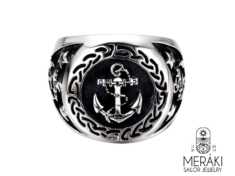 Anello Destan in acciaio con ancore e stelle