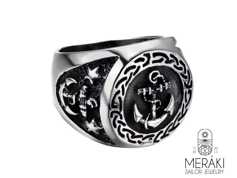 Anello in acciaio inossidabile da uomo Meraki Sailor Jewelry con ancore e stelle