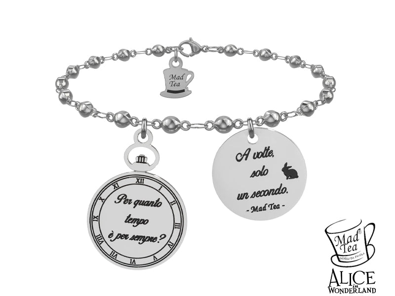 Bracciale in acciaio con orologio vintage da taschino con incisa la frase “Per quanto tempo è per sempre?” e targhetta con incisa la frase “A volte, solo un secondo”.