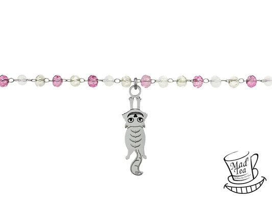 Bracciale di cristalli con piccolo Gatto del Cheshire appeso alla catena. 