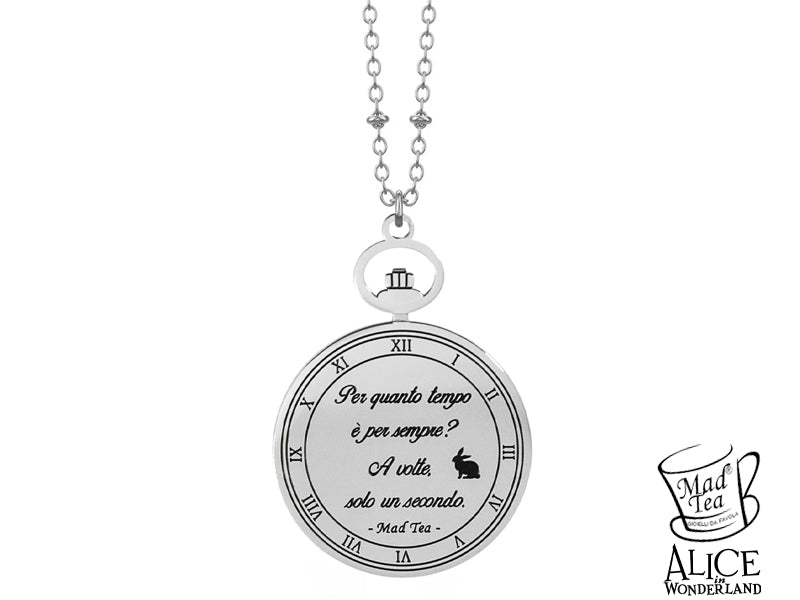 Collana in acciaio con ciondolo a forma di orologio da taschino vintage con incisa la frase “Per quanto tempo è per sempre? A volte, solo un secondo.”. Catena a rosario.