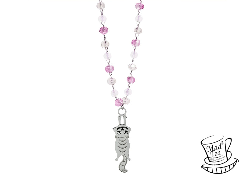 Collier di cristalli con piccolo Gatto del Cheshire appeso alla catena.