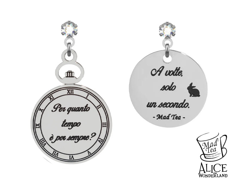 Orecchini bianconiglio di alice nel paese delle meraviglie con incisa la frase Per quanto tempo è per sempre? A volte solo un secondo