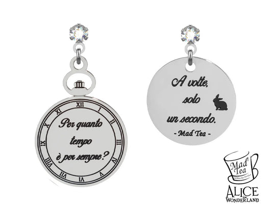Orecchini bianconiglio di alice nel paese delle meraviglie con incisa la frase Per quanto tempo è per sempre? A volte solo un secondo