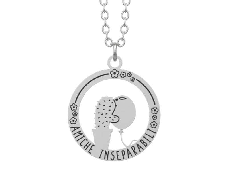 Collana con ciondolo a cerchio con all'interno un piccolo cactus che abbraccia un palloncino: AMICHE INSEPARABILI