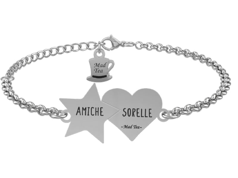 Bracciale con piccolo ciondolo composto da una stella e da un cuore che si incontrano, simboli di vera amicizia: AMICHE SORELLE!