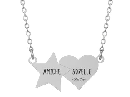Collana con piccolo ciondolo composto da una stella e da un cuore che si incontrano, simboli di vera amicizia: AMICHE SORELLE!