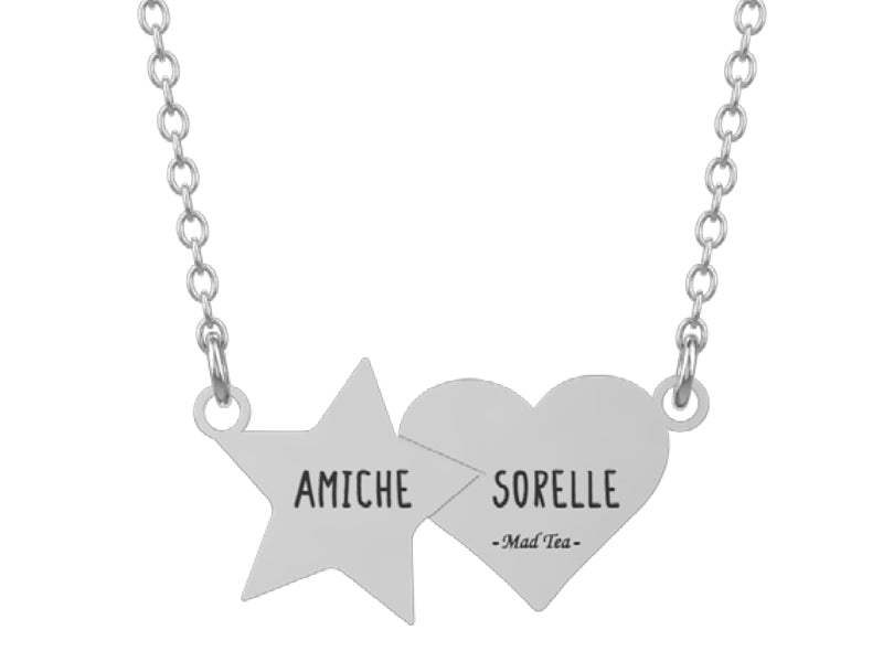 Collana con piccolo ciondolo composto da una stella e da un cuore che si incontrano, simboli di vera amicizia: AMICHE SORELLE!
