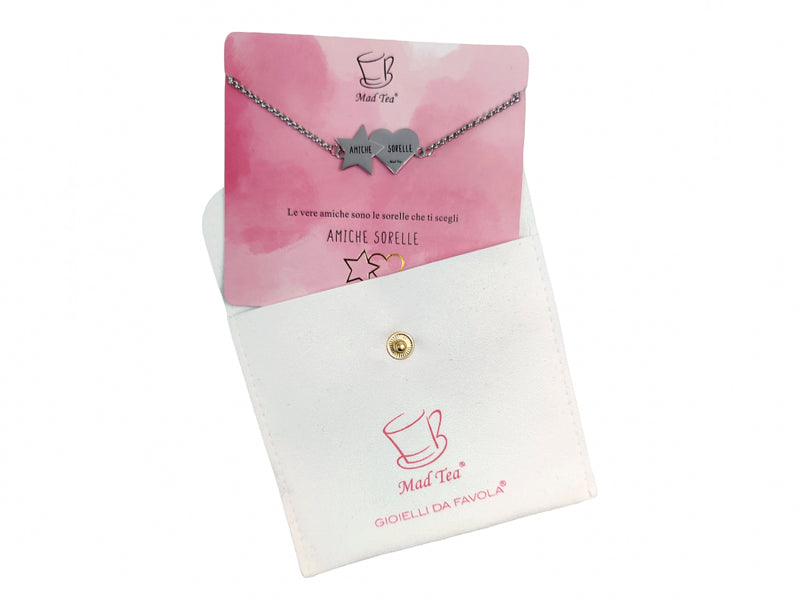 Bracciale Amiche sorelle di Mad tea con confezione claim card e pochette in tessuto.