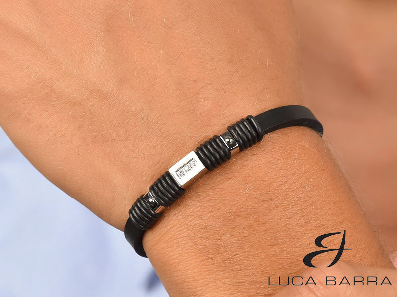 Bracciale uomo in silicone nero con elementi in acciaio