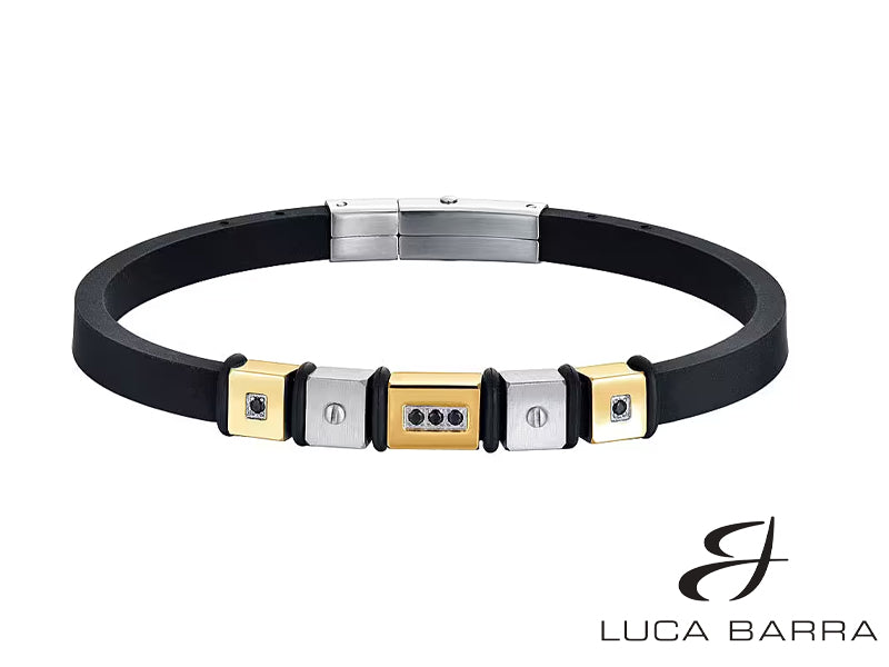 Bracciale uomo in silicone nero con elementi in acciaio e acciaio IP gold