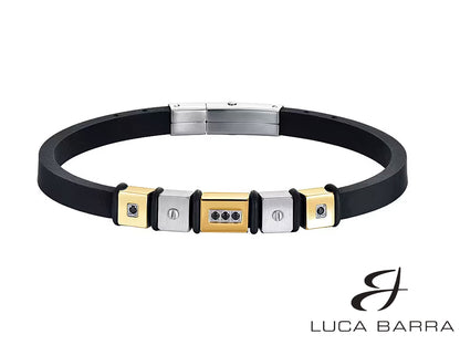 Bracciale uomo in silicone nero con elementi in acciaio e acciaio IP gold