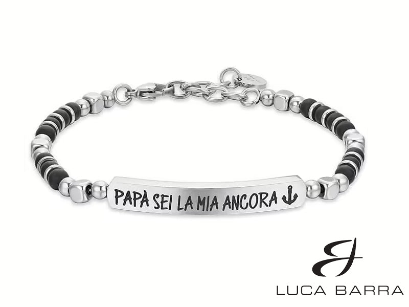 Bracciale da Uomo in acciaio con pietre agata nera e piastra con incisione "Papà sei la mia ancora"