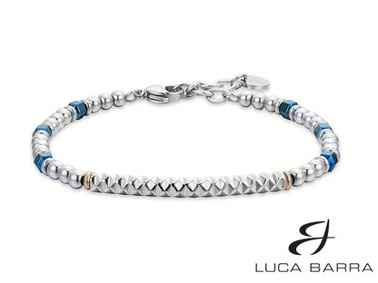 Bracciale uomo con piastra silver, ematite blu ed elementi IP rose