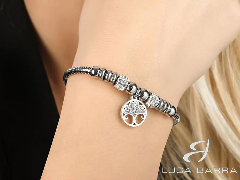Women's steel bracelet with tree of life and white crystals 