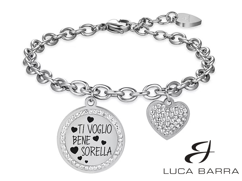 Bracciale con dedica, "Ti voglio bene sorella", con smalto nero e cristalli bianchi.