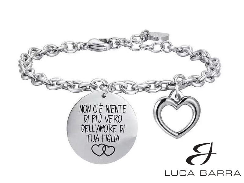 Bracciale donna in acciaio "Non c'è niente di più vero dell'amore di tua figlia", piastrina con smalto nero e ciondolo a forma di cuore