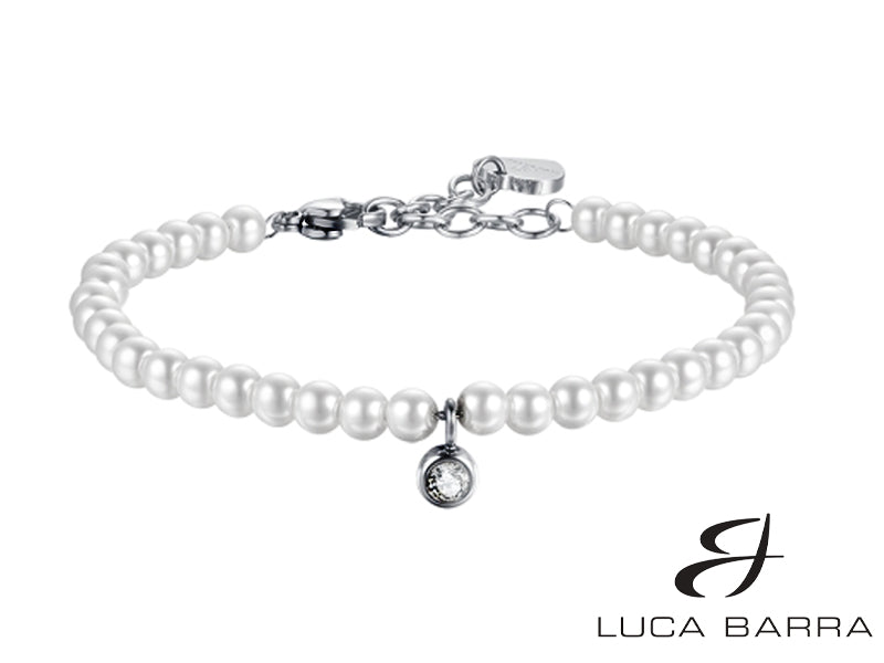 Bracciale donna in acciaio con perle e cristallo bianco.