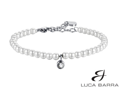 Bracciale donna in acciaio con perle e cristallo bianco.