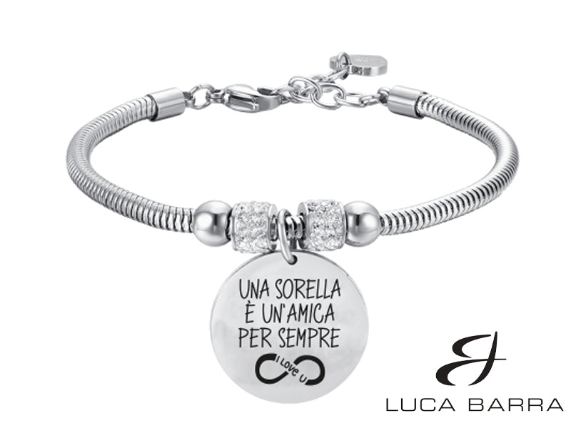 Bracciale Donna in acciaio con incisione "Una Sorella E' Un'Amica Per Sempre" ed elementi con cristalli bianchi